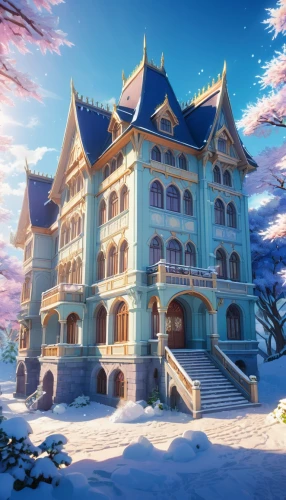 winter house,fairy tale castle,dreamhouse,snow house,fairytale castle,winterplace,rouran,snowhotel,winter background,winterland,castlelike,victorian house,winter dream,snow roof,bethlen castle,miramare,gold castle,chateau,sylvania,villate,Illustration,Japanese style,Japanese Style 03