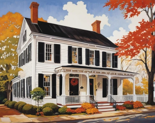 house painting,new england style house,burchfield,houses clipart,old colonial house,haddonfield,oradell,fall landscape,new england,home landscape,bluemner,house painter,woman house,mansard,nantucket,country cottage,cottage,rowhouses,tyngsborough,whittredge,Illustration,Retro,Retro 21