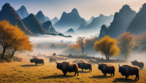 mountain pasture,autumn mountains,alpine pastures,mountain cows,mountainous landscape,mountain landscape,autumn landscape,beautiful landscape,foggy landscape,nature landscape,rural landscape,meadow landscape,inner mongolian beauty,fantasy landscape,landscape nature,yunnan,autumn fog,landscape background,mountain scene,landscape mountains alps,Illustration,Paper based,Paper Based 15