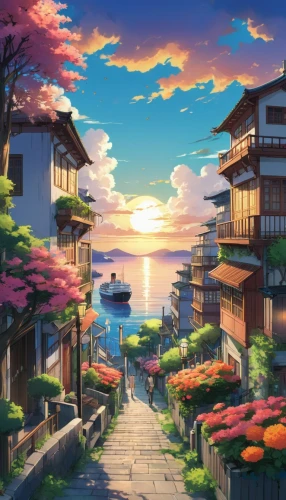 butka,tanabata,landscape background,japan landscape,kyoto,kazoku,kotoko,house by the water,japanese sakura background,summer evening,idyllic,okutama,yoshikuni,ghibli,sakura background,rikkyo,beautiful japan,paradis,seaside resort,beautiful wallpaper,Illustration,Japanese style,Japanese Style 03