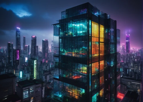 cyberpunk,cybercity,shanghai,cybertown,guangzhou,ctbuh,skyscraper,hypermodern,tetris,glass building,futuristic,electric tower,metropolis,futuristic architecture,cyberport,the skyscraper,urban towers,neuromancer,pc tower,kowloon,Illustration,Realistic Fantasy,Realistic Fantasy 24