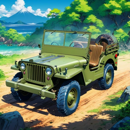 yellow jeep,willys jeep,jeep,willys jeep mb,overland,jeep rubicon,safari,uaz,landcruiser,yj,beach buggy,off-road vehicle,military jeep,ghibli,off road vehicle,off-road vehicles,wrangler,jeeps,willys,off-road car,Illustration,Japanese style,Japanese Style 03