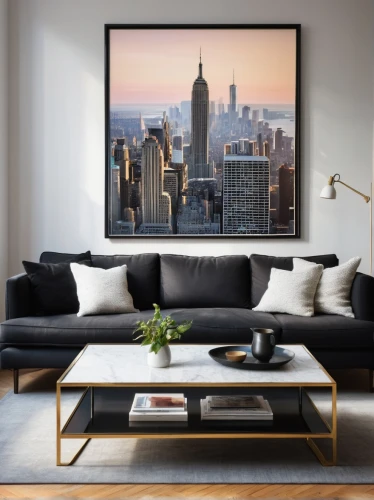 apartment lounge,modern decor,manhattan skyline,new york skyline,contemporary decor,minotti,modern minimalist lounge,modern living room,living room modern tv,living room,livingroom,mid century modern,credenza,penthouses,copper frame,gold wall,city scape,cityscape,wall decor,berkus,Photography,Black and white photography,Black and White Photography 12