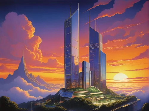 futuristic landscape,skyscraper,the skyscraper,skycraper,skyreach,skyterra,citadels,skyscrapers,skylstad,sedensky,skyscraping,skyscraper town,tirith,supertall,sky city,ordos,futuristic architecture,cybercity,homeworld,pc tower,Illustration,Retro,Retro 07