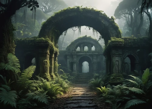 ruins,labyrinthian,ancient city,hall of the fallen,lost place,ancient ruins,the mystical path,mausoleum ruins,philodendrons,the ruins of the,ruinas,lostplace,archways,forest path,crypts,moss landscape,entrada,corridors,asarum,arbor,Illustration,Black and White,Black and White 09