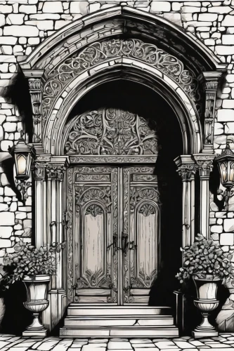 front door,doorways,portal,entrances,entryway,doorway,stone gate,entranceway,church door,garden door,house entrance,iron door,entryways,doors,entranceways,the door,entry,wood gate,front gate,the threshold of the house,Illustration,Black and White,Black and White 05