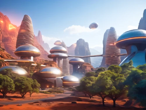 futuristic landscape,terraformed,terraforming,alien planet,wildstar,homeworlds,extrasolar,desert planet,alien world,skylands,homeworld,ecotopia,terraformer,farpoint,cardassia,barsoom,mushroom landscape,planetside,arcology,skyterra