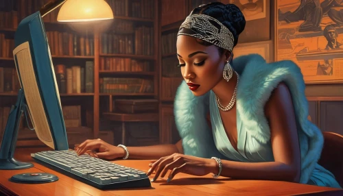 girl at the computer,sci fiction illustration,girl studying,chimamanda,bibliographer,night administrator,game illustration,proprietress,programadora,world digital painting,librarian,afrofuturism,nanowrimo,diligent,writerly,authoress,publish a book online,computerologist,diligence,african woman,Illustration,Realistic Fantasy,Realistic Fantasy 21