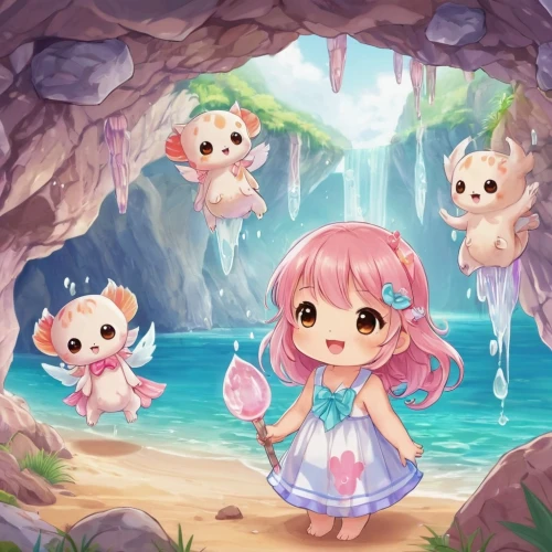 kawaii people swimming,mermaid background,induna,fairy world,fairy village,water spring,underwater background,bridal veil fall,fairy forest,water fall,chibi children,arohana,sea caves,water falls,lake tanuki,hotsprings,hotspring,kupala,cave tour,oceanica,Illustration,Japanese style,Japanese Style 01