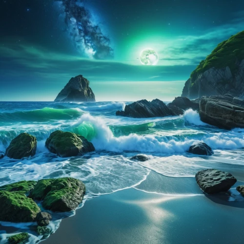 emerald sea,green aurora,ocean background,phytoplankton,green and blue,aaaa,moonlit night,greens beach,bioluminescent,green bubbles,sea night,seascape,rocky beach,underwater landscape,windows wallpaper,sea landscape,emerald,rocky coast,ocean paradise,green water,Photography,General,Realistic