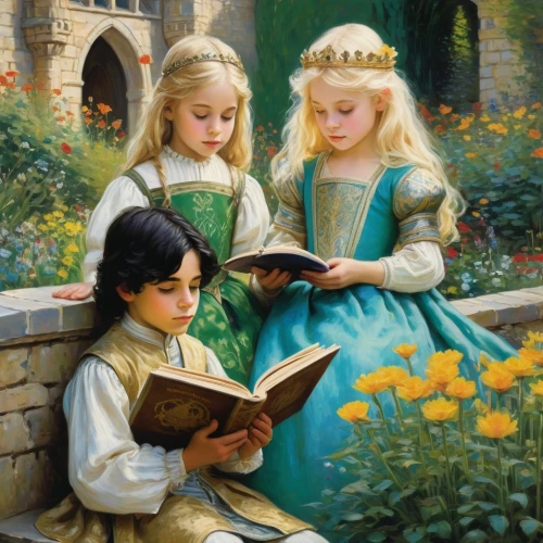 children studying,children learning,little boy and girl,lectura,little girl reading,readers,girl and boy outdoor,young couple,blessing of children,schoolchildren,bookworms,storybook,children,fairy tale,storybooks,a fairy tale,serenade,school children,emile vernon,childrens books,Art,Artistic Painting,Artistic Painting 04