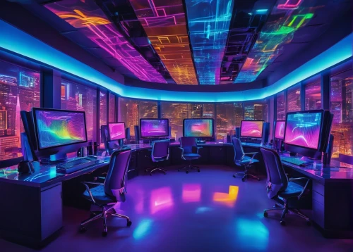 computer room,spaceship interior,ufo interior,game room,the server room,cybercafes,creative office,neon human resources,cyberspace,spaceland,cybertown,nightclub,computerworld,great room,computerized,computacenter,workstations,modern office,black light,colored lights,Conceptual Art,Oil color,Oil Color 23