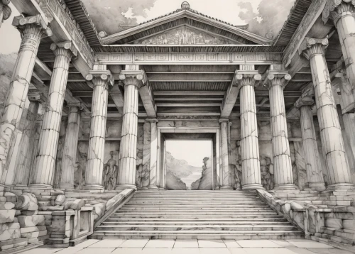 artemis temple,propylaea,greek temple,colonnaded,celsus library,ephesus,temple of diana,roman temple,amphipolis,metapontum,halicarnassus,messene,capitolium,celsus,panagora,ancient city,walhalla,the parthenon,ancient rome,egyptian temple,Illustration,Paper based,Paper Based 30