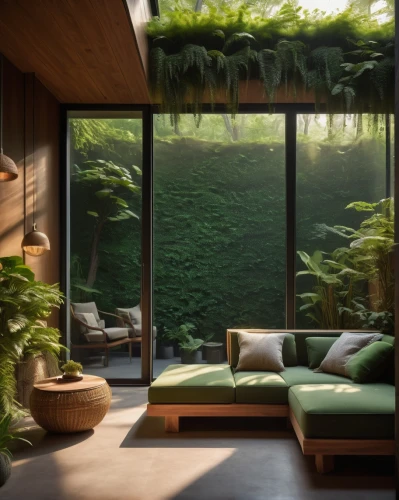 sunroom,japanese-style room,green living,forest house,tropical greens,greenery,bamboo curtain,seclude,ryokan,fallingwater,tropical house,beautiful home,seclusion,landscaped,home landscape,conservatory,secluded,livingroom,great room,hideaway,Illustration,Abstract Fantasy,Abstract Fantasy 20