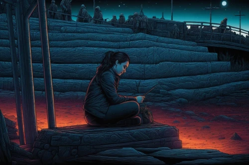 night scene,campfire,sci fiction illustration,girl on the river,llorona,woman at the well,world digital painting,kumbh,burned pier,melancholia,oscura,before the dawn,game illustration,masakayan,schuitema,shipwreck,digital painting,moebius,siddharta,dark beach,Illustration,Realistic Fantasy,Realistic Fantasy 25