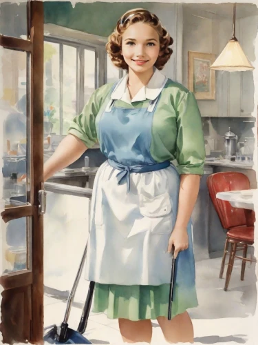 cleaning woman,girl in the kitchen,housemaid,woman holding pie,housework,housewife,retro 1950's clip art,homemaking,housekeeper,aprons,domesticity,homemaker,washerwoman,maidservant,1940 women,vintage kitchen,retro woman,waitress,housemother,kitchen towel,Digital Art,Watercolor
