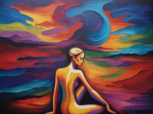 oil painting on canvas,woman thinking,oil painting,abstract painting,art painting,dream art,oil on canvas,meditator,bodypainting,abstract artwork,mindscape,meditation,pintura,intuitionist,siddharta,expressionist,vibrantly,vibrancy,aura,praying woman,Illustration,Realistic Fantasy,Realistic Fantasy 25