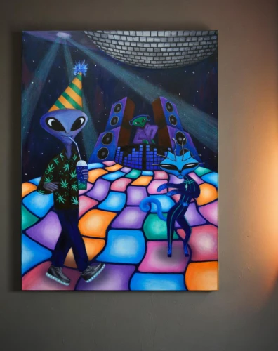 psychonauts,zooropa,ufo interior,epcot spaceship earth,spaceland,popmart,disco,digiart,martians,alebrije,dancefloor,extraterrestrials,interdimensional,abstract cartoon art,dichroic,disco ball,mirrorball,dance with canvases,dmt,extraterrestrial