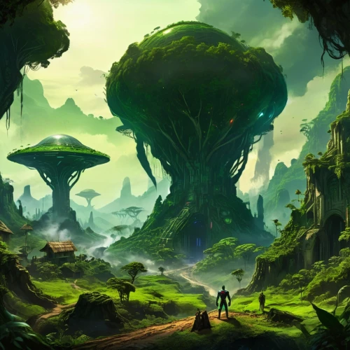 mushroom landscape,wildstar,mushroom island,oddworld,badland,outworld,tiberium,fantasy landscape,azeroth,alien world,green forest,elven forest,hinterlands,tree grove,alien planet,tree mushroom,greenslade,rainforests,morrowind,cartoon forest,Conceptual Art,Fantasy,Fantasy 02