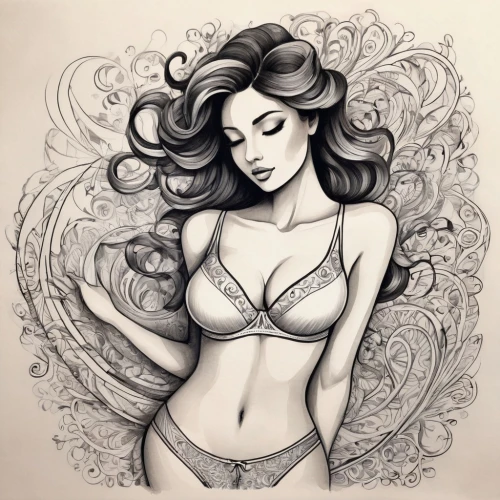 gardenias,lotus art drawing,pencil drawings,watercolor pin up,pencil drawing,rosson,amphitrite,jasmine blossom,gardenia,jasmine,sirena,the sea maid,summer line art,vintage drawing,female body,aphrodite,aradia,nereid,siren,flora,Illustration,Black and White,Black and White 05