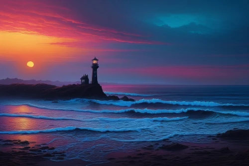 electric lighthouse,lighthouse,lighthouses,phare,light house,red lighthouse,petit minou lighthouse,guiding light,ouessant,splendid colors,faro,seascape,colorful light,farol,amanecer,intense colours,coast sunset,windows wallpaper,glow of light,lightkeeper,Illustration,Realistic Fantasy,Realistic Fantasy 25