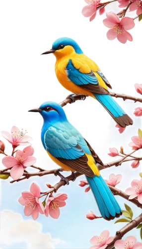 colorful birds,blue birds and blossom,flower and bird illustration,bird flower,beautiful bird,spring bird,birds on a branch,birds on branch,blue and gold macaw,nature bird,bird on branch,asian bird,spring background,blue bird,bird on tree,nature background,birds gold,colorful background,blue and yellow macaw,springtime background,Illustration,Retro,Retro 12