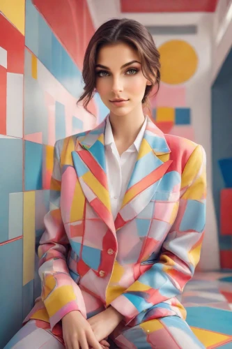 checkered background,kubra,pantsuit,business woman,birce akalay,woman in menswear,colorful background,fashion vector,harlequin,suited,colorful,yelle,rubik,businesswoman,marzia,popart,pop art girl,retro woman,missoni,pop art colors,Photography,Realistic