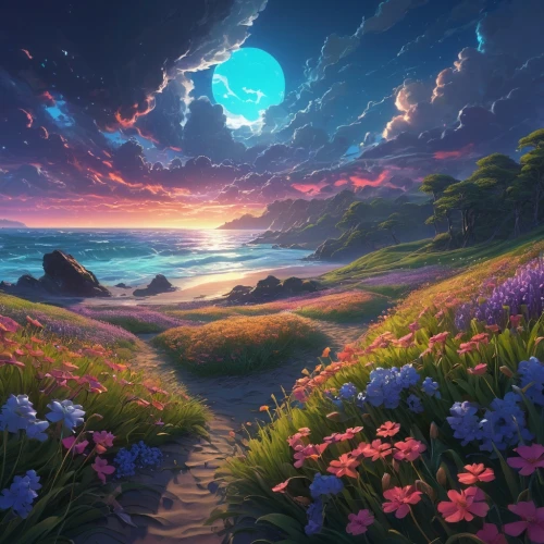 fantasy landscape,landscape background,fantasy picture,dreamscape,hoenn,beautiful wallpaper,nature background,the mystical path,cartoon video game background,mushroom landscape,full hd wallpaper,ocean background,dreamscapes,background image,dream world,windbloom,blooming field,sea of flowers,majora,ocean paradise,Illustration,Realistic Fantasy,Realistic Fantasy 03