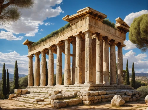 greek temple,baalbek,dougga,temple of diana,celsus library,baalbeck,roman temple,temple of hercules,celsus,segesta,erechtheus,volubilis,delphi,laodicea,erechtheion,tiryns,jerash,caesonia,agrigento,hierapolis,Art,Classical Oil Painting,Classical Oil Painting 28