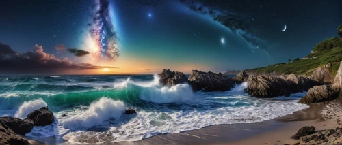 phytoplankton,astronomy,milky way,fantasy picture,seascape,the milky way,dreamscapes,ocean waves,ocean background,fantasy landscape,starwave,lactea,starry night,auroral,starry sky,celestial phenomenon,milkyway,dreamscape,natural phenomenon,galaxy collision,Photography,General,Realistic