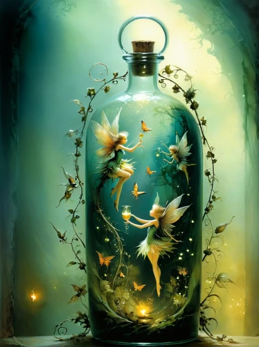 faery,imaginarium,message in a bottle,fairy lanterns,glass jar,fantasy art,fantasy picture,fairies aloft,faerie,conjure,imaginaire,bell jar,vintage fairies,perfume bottles,magick,glass painting,whimsical,music box,absinthe,alchemy,Illustration,Realistic Fantasy,Realistic Fantasy 16