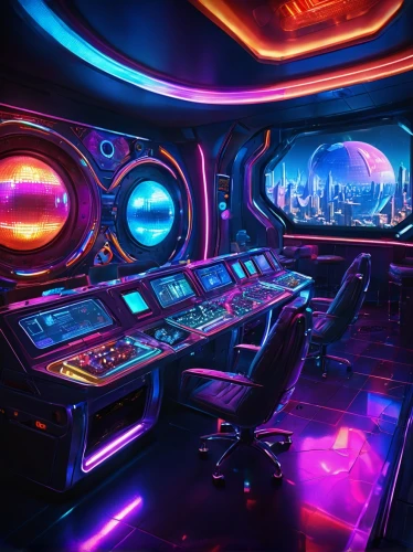 spaceship interior,ufo interior,spaceland,spaceship space,retro diner,80's design,nightclub,flightdeck,cockpit,scifi,computer room,spaceship,futuristic,space voyage,jukebox,nostromo,the interior of the cockpit,polara,sci - fi,jukeboxes,Illustration,Realistic Fantasy,Realistic Fantasy 38