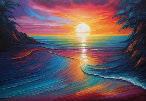 seascape,coast sunset,oil painting on canvas,rainbow waves,sea landscape,sun and sea,sunset beach,sunrise beach,beach landscape,art painting,ocean paradise,dreamscape,oil painting,tidal wave,oil on canvas,vibrantly,tropical sea,coastal landscape,dream art,ocean waves,Illustration,Realistic Fantasy,Realistic Fantasy 25