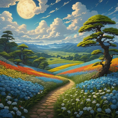 landscape background,blooming field,mushroom landscape,meadow landscape,fantasy landscape,salt meadow landscape,high landscape,nature landscape,flower field,beautiful landscape,rural landscape,forest landscape,landscape nature,springtime background,mountain landscape,cartoon video game background,poppy fields,windows wallpaper,tulip field,landscapes,Illustration,Realistic Fantasy,Realistic Fantasy 03