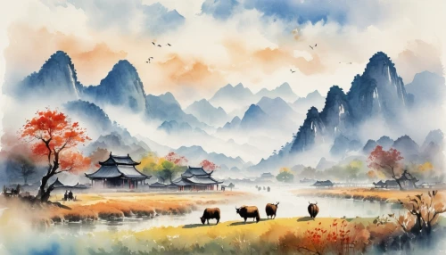 autumn landscape,autumn mountains,mountain landscape,landscape background,huangshan,mountainous landscape,lijiang,mountain scene,huashan,yunnan,watercolor background,rural landscape,yiping,fall landscape,haiping,zhangjiagang,dongjiang,guizhou,xianning,fantasy landscape,Illustration,Paper based,Paper Based 25