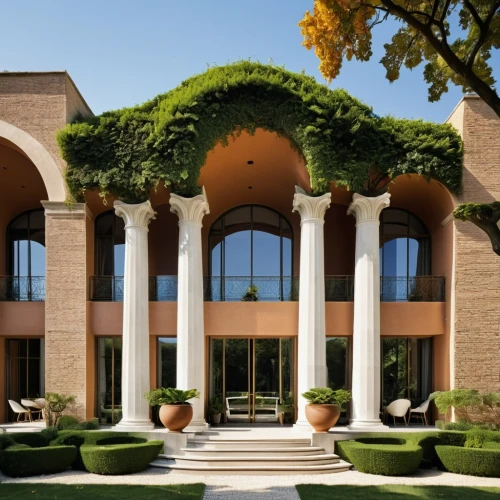 bendemeer estates,garden elevation,luxury home,mahdavi,domaine,amanresorts,luxury property,landscaped,persian architecture,iranian architecture,villa,pergola,colonnade,exterior decoration,palladian,cochere,architectural style,beautiful home,mansion,house with caryatids,Photography,General,Realistic