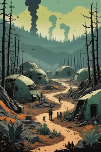 post-apocalyptic landscape,overland,lost in war,game illustration,swampy landscape,wasteland,tunguska,wastelands,forest workers,post apocalyptic,postapocalyptic,sedensky,bivouacs,hinterlands,cartoon forest,environments,bivouac,archaia,endor,barrens