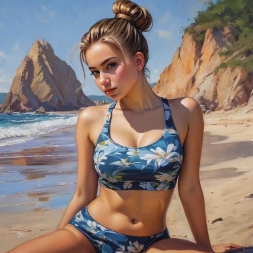 donsky,beach background,world digital painting,digital painting,welliver,photorealist,tretchikoff,beach scenery,verano,capri,bodypaint,oil painting,girl in swimsuit,jasinski,two piece swimwear,female model,pin-up girl,photo painting,bikindi,ocean,Conceptual Art,Fantasy,Fantasy 15