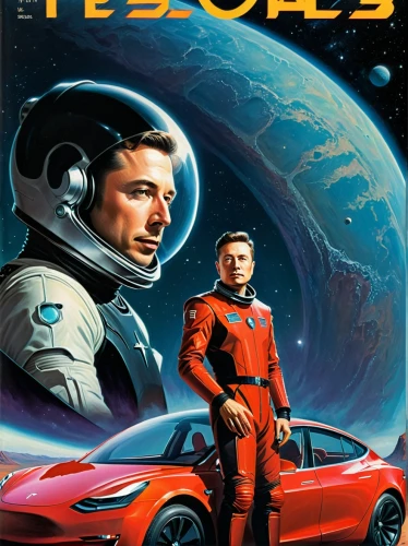 teslas,taikonauts,sci fiction illustration,tesler,firstman,tesla,cosmos 1999,musk,magazine cover,testarossa,espacial,cosmonauts,astronauts,drivespace,tepuis,tesana,spacex,spacetimes,taikonaut,emshwiller,Illustration,American Style,American Style 07