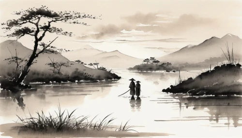 baishi,river landscape,tusche indian ink,ink painting,backwater,mekong,shaoming,watercolorist,yunnan,watercolourist,girl on the river,people fishing,lijiang,qingming,yiping,guilin,lake tanuki,yonghao,backwaters,dongjiang,Illustration,Paper based,Paper Based 30