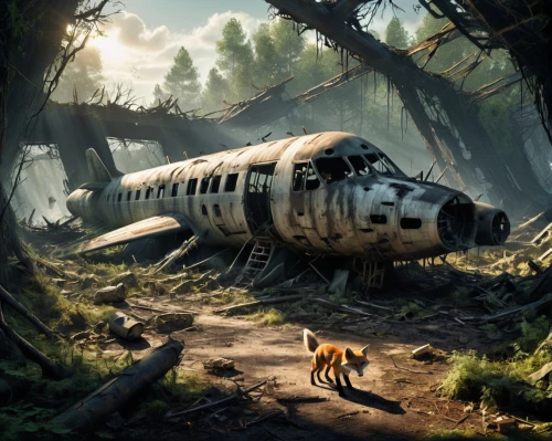 plane wreck,travelers,aircrash,lost place,endor,plane crash,foxhound,tigerair,forest animals,lostplace,explorers,postapocalyptic,retrieval,kashyyyk,lost places,wild dog,abandoned,tigerstar,post apocalyptic,ewoks,Conceptual Art,Fantasy,Fantasy 33