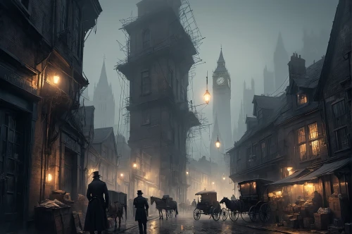 dickensian,darktown,medieval street,ravenloft,bremen town musicians,waterdeep,arkham,diagon,medieval town,theed,wizarding,hamelin,hogsmeade,neverwhere,dishonored,fantasy city,hogwarts,townscapes,bremen,evening atmosphere,Conceptual Art,Fantasy,Fantasy 02