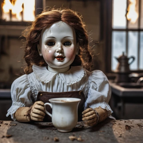 annabelle,anabelle,porcelain dolls,woman drinking coffee,vintage doll,porcelaine,halloween coffee,porcelains,wooden doll,cuppa,pierrot,clay doll,collectible doll,cup of cocoa,teacup,drinking coffee,porcellian,coffee mug,a cup of coffee,cup of coffee,Photography,General,Realistic