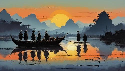 mekong,inle,boat landscape,southeast asia,dragon boat,haicang,fishing village,sampan,vietnam,fishermen,cambodia,han thom,world digital painting,youliang,inle lake,viet nam,mekong river,fishing boats,hanoi,oriental,Conceptual Art,Sci-Fi,Sci-Fi 01