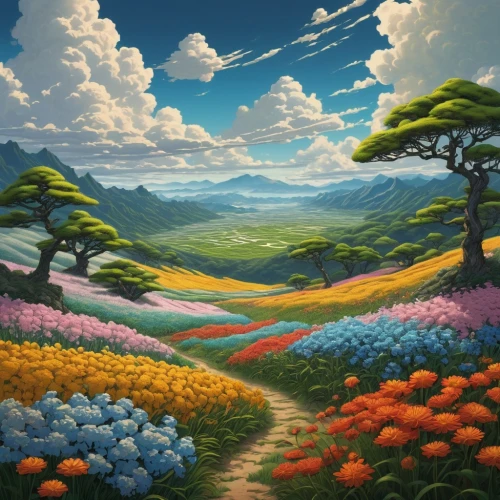 blooming field,flower field,meadow landscape,landscape background,mushroom landscape,fantasy landscape,field of flowers,salt meadow landscape,nature landscape,flowers field,tulip field,high landscape,paisaje,blanket of flowers,flowerful desert,fruit fields,flower meadow,forest landscape,poppy fields,mountain landscape,Illustration,Realistic Fantasy,Realistic Fantasy 03