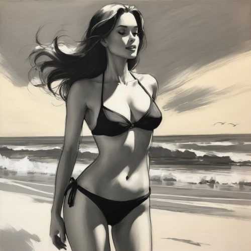 charcoal drawing,charcoal pencil,beachgoer,digital painting,charcoal,girl on the dune,underpainting,beach background,world digital painting,donsky,fischl,photo painting,female model,study,pencil drawing,summer line art,graphite,advertising figure,beachcomber,studies,Illustration,Black and White,Black and White 08