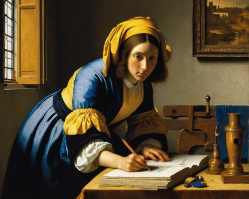 vermeer,girl studying,girl at the computer,mauritshuis,writing or drawing device,miniaturist,woman praying,woman drinking coffee,praying woman,cammaert,engraver,champaigne,woman holding pie,woman holding a smartphone,woman playing,meticulous painting,gutenberg,painting technique,maidservant,nicolaes,Art,Classical Oil Painting,Classical Oil Painting 07