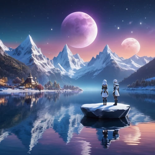 fantasy picture,moon and star background,lunar landscape,fantasy landscape,dream world,moonscapes,moonlight,ice planet,moon and star,moonlit night,the moon and the stars,purple moon,wonderlands,3d fantasy,explorers,alien world,landscape background,moon seeing ice,alien planet,fantasy art,Unique,3D,3D Character