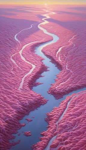 pink beach,river delta,acid lake,lava river,coral pink sand dunes,salt desert,pink sand dunes,coral swirl,river landscape,salt pan,aura river,waterscape,salt field,argentina desert,purple landscape,ice landscape,a river,water waves,saltpan,flowing water,Illustration,Realistic Fantasy,Realistic Fantasy 03