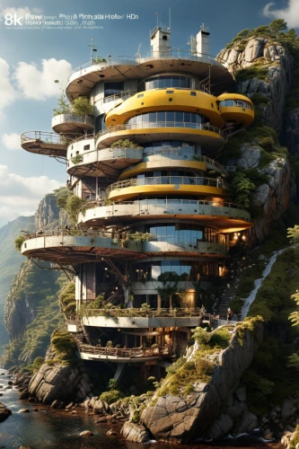 futuristic architecture,futuristic landscape,sedensky,seasteading,floating island,tigers nest,malaparte,floating islands,house of the sea,kunplome,arcology,penthouses,fallingwater,cube stilt houses,cliffside,cubic house,deltha,dreamhouse,modern architecture,dunes house,Photography,General,Realistic